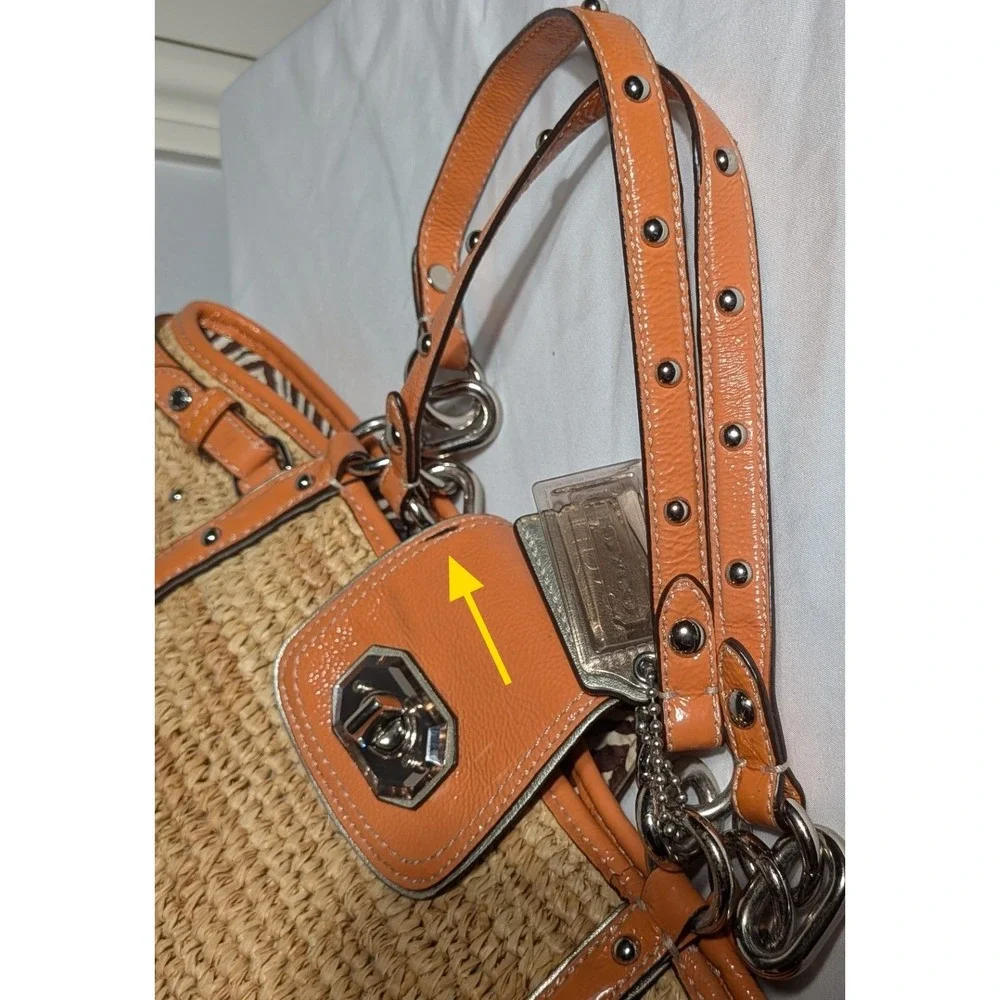 Coach Madison Straw Tote Flower Applique Natural & Orange Raffia Silver Studded
